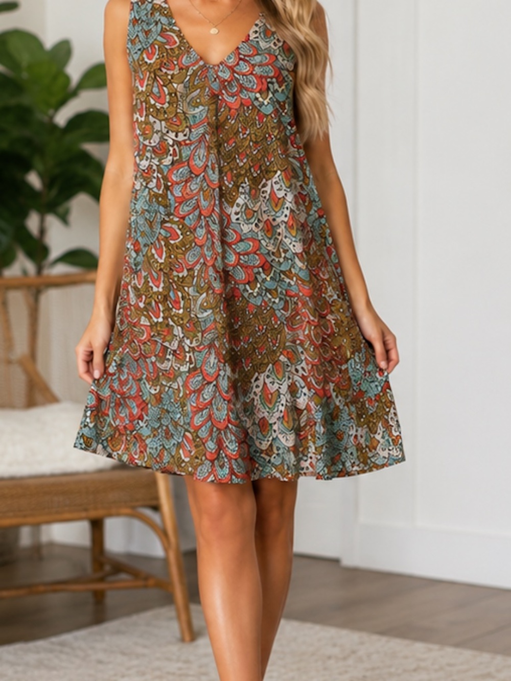 Anne Klein Size 2 Sleeveless V-Neck Printed Shift Dress